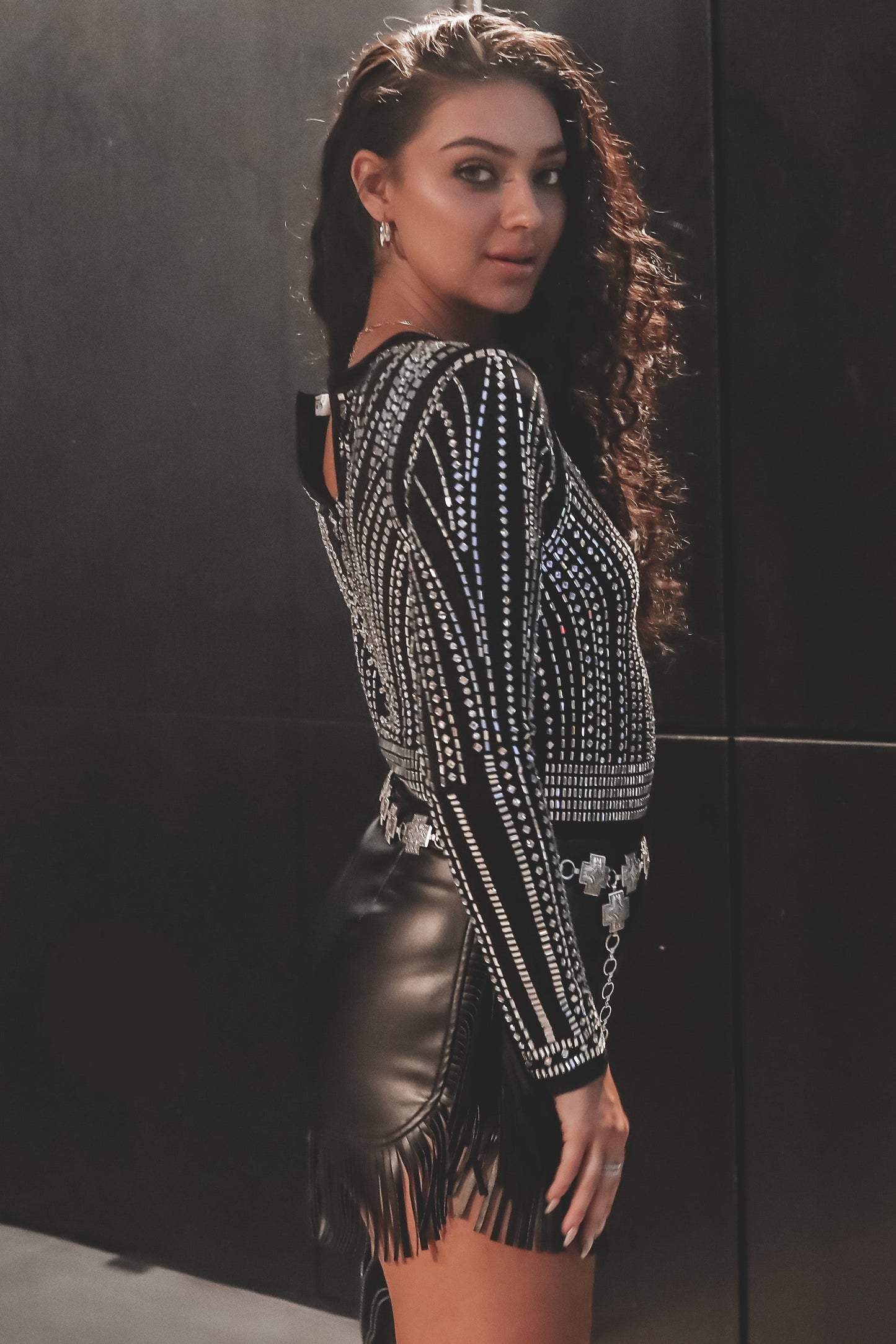 The Theme Is Sparkle Long Sleeve Mesh Rhinestone Top
