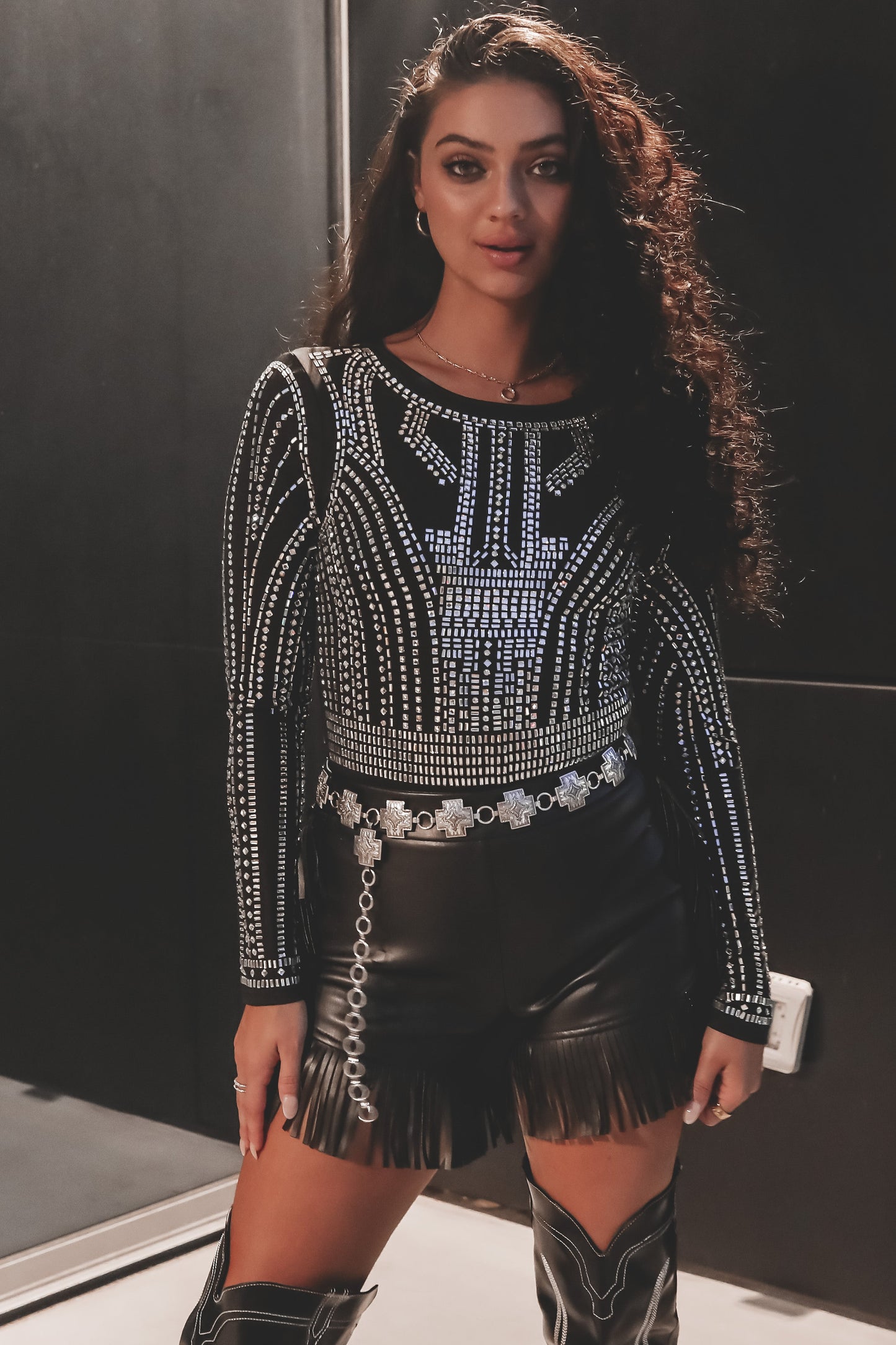The Theme Is Sparkle Long Sleeve Mesh Rhinestone Top