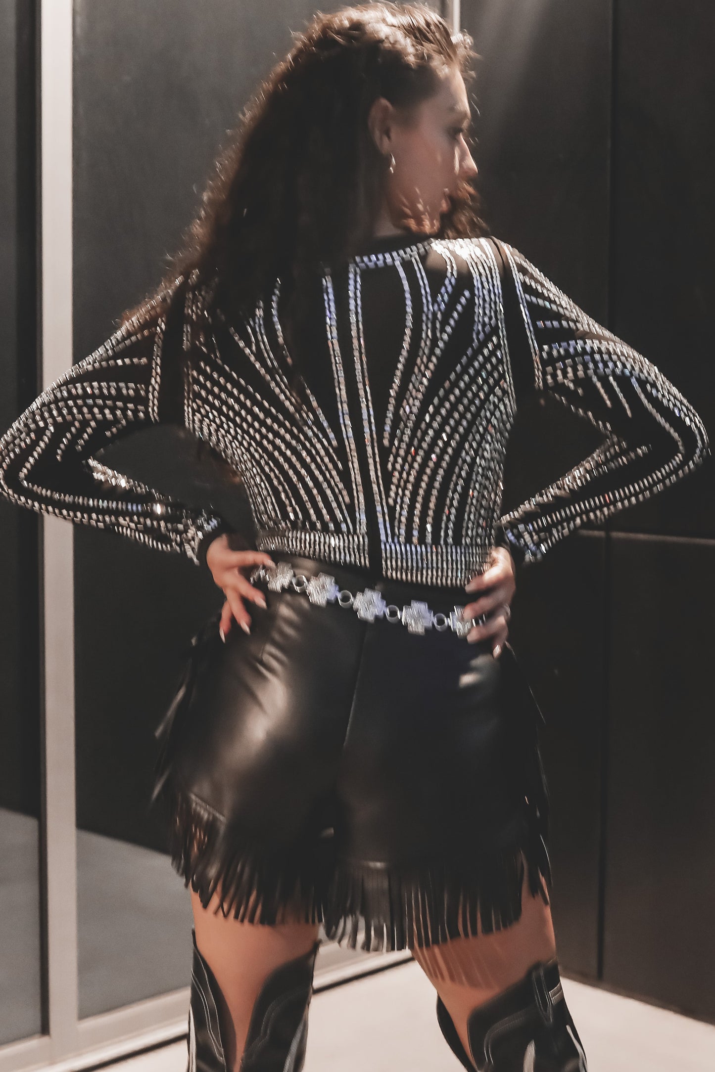 The Theme Is Sparkle Long Sleeve Mesh Rhinestone Top