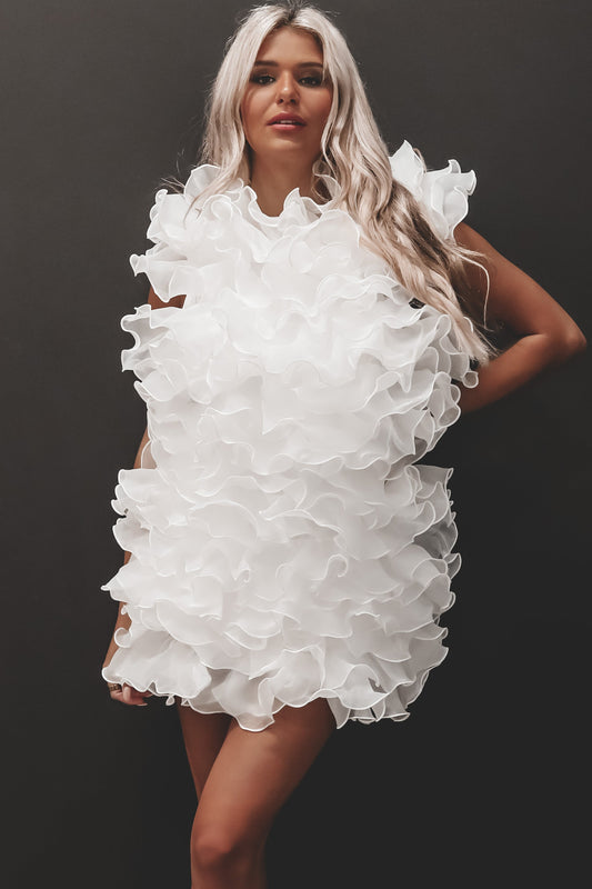 Main Character Energy White Ruffle Mini Dress